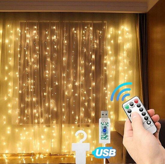 Kalėdinė girlianda užuolaida, 300 LED, 3x3m, šiltai balta